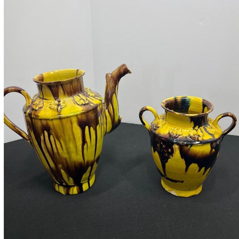 Vintage 1930s Mexican Folk Art Pottery Teapot & Jar Set Oaxaca Dripware Yellow